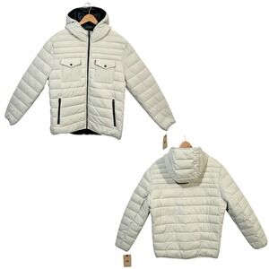 Levis Mens Stretch Quilted Puffer Jacket XL Off-White-Ice Hooded Water Resistant